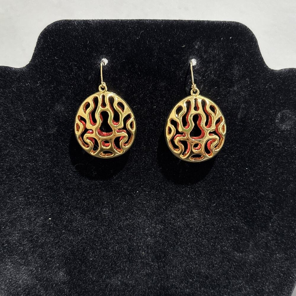 Vintage Joan Rivers Gold Tone Flame Cutout Dangle Earrings Red Enamel Retro
